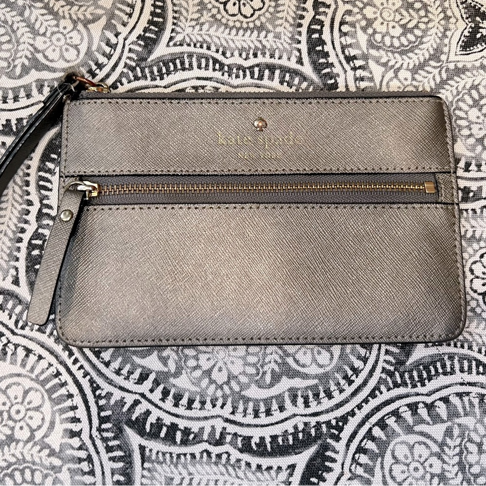 Kate Spade skinny wallet wristlet gun metal gray well worn, could be used still